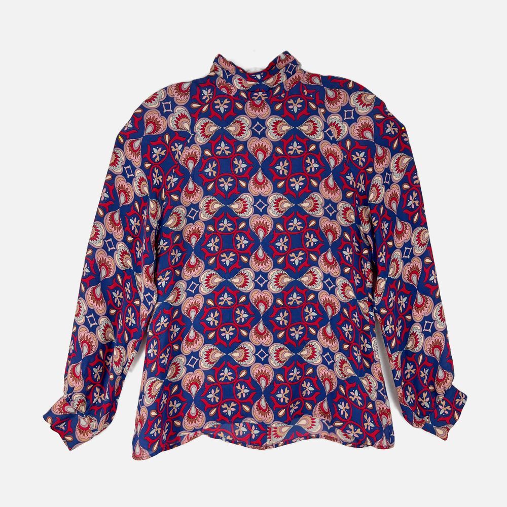 TUCKER NYC Classic Paisley 100% Silk Crepe Blouse Long Sleeve Mock Neck Size XS